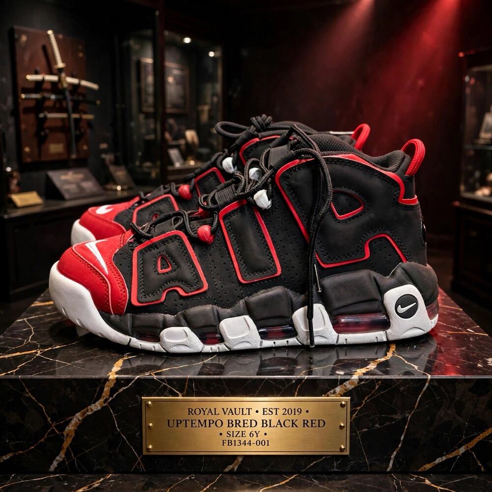 Size 6Y - Nike Air More Uptempo Black University Red FB1344-001 Bulls Bred 7.5W